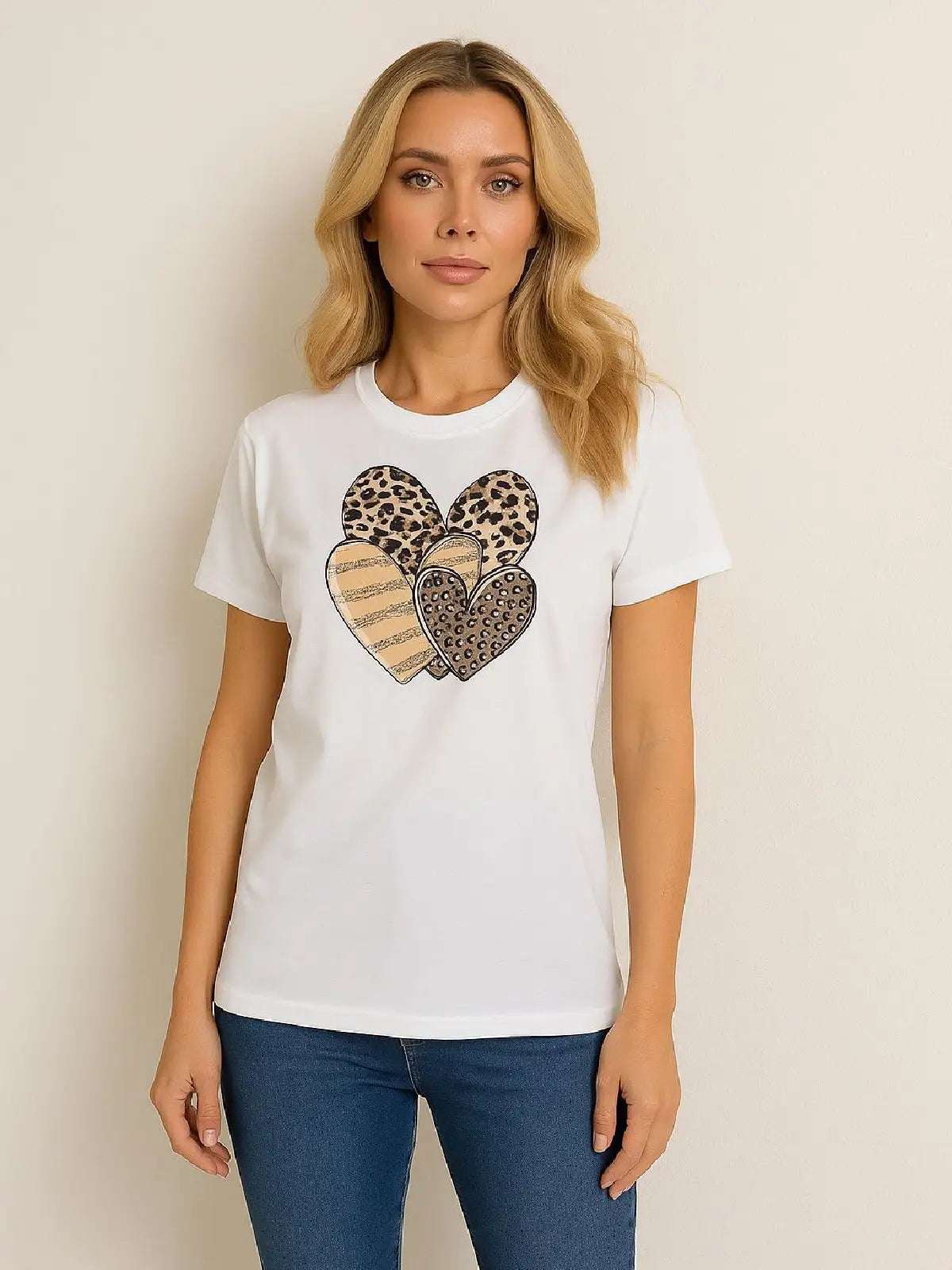 Leopard Print Multi Hearts Graphic T-Shirt - Women's Fashion Tee