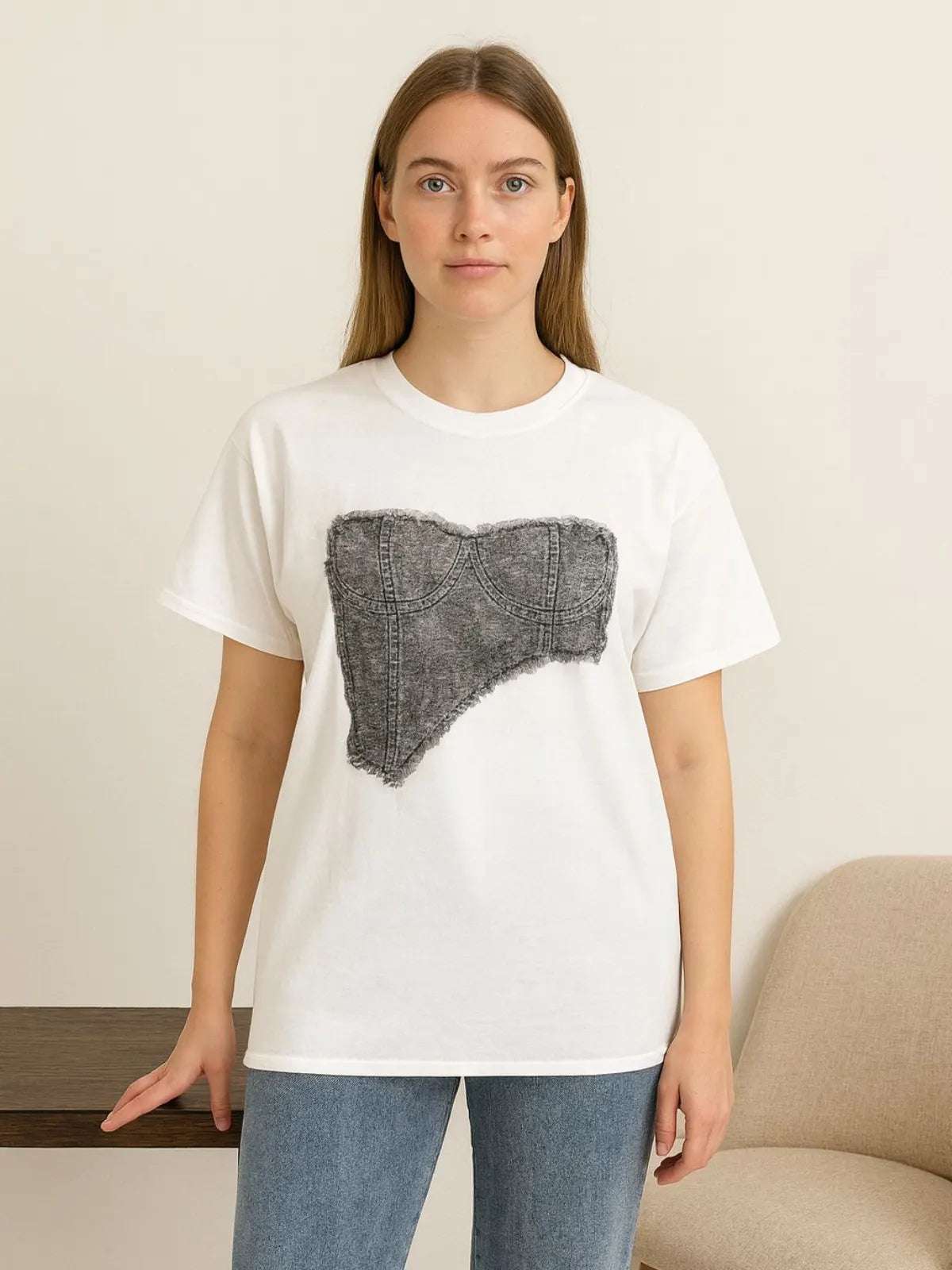 Ladies Denim Bra Patch T-Shirt - Unique Graphic Top