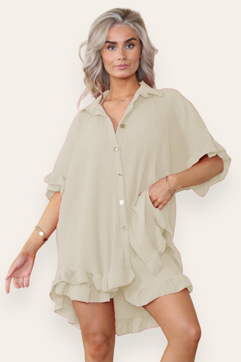 Ladies Oversized Gold Button Shirt & Shorts Co-Ord Set - Pleated Ruffle