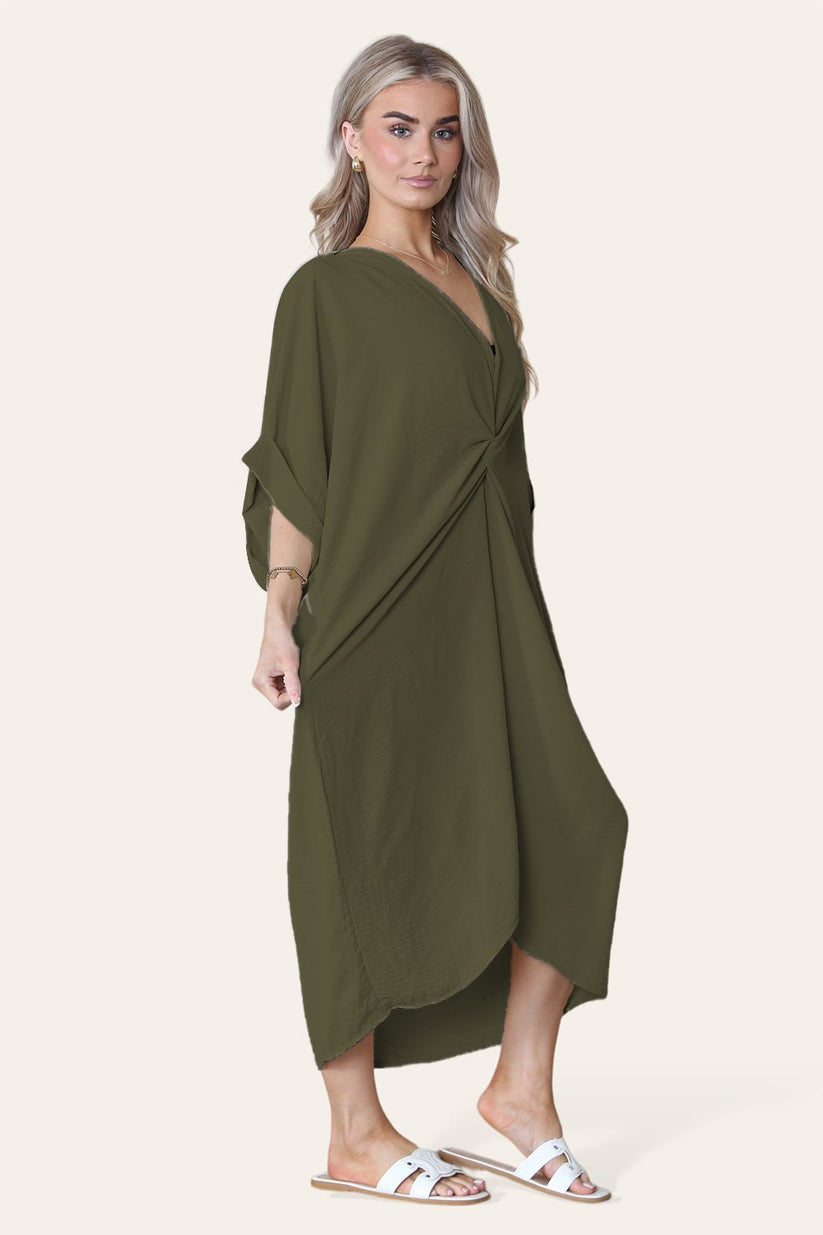 Ladies V-Neck Twisted Front Midi Dress - Oversized Longline