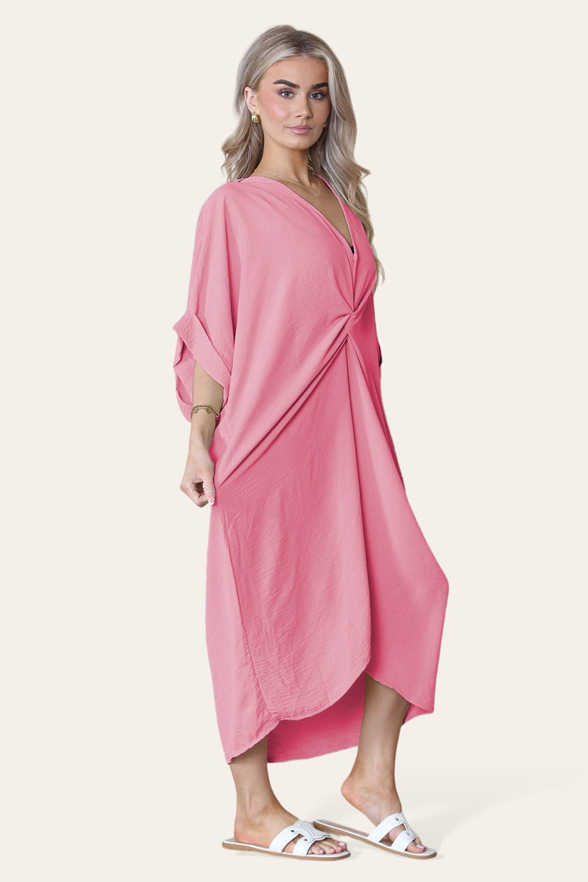 Ladies V-Neck Twisted Front Midi Dress - Oversized Longline