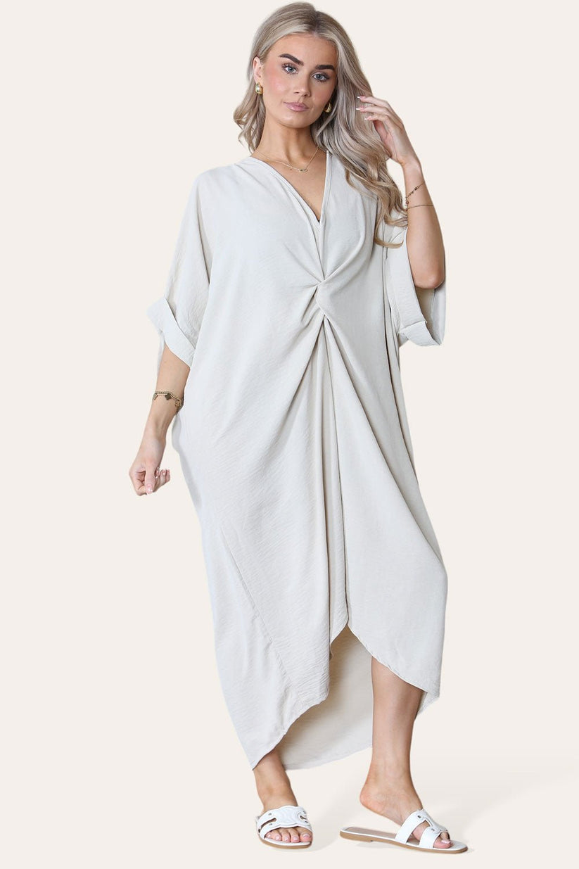 Ladies V-Neck Twisted Front Midi Dress - Oversized Longline
