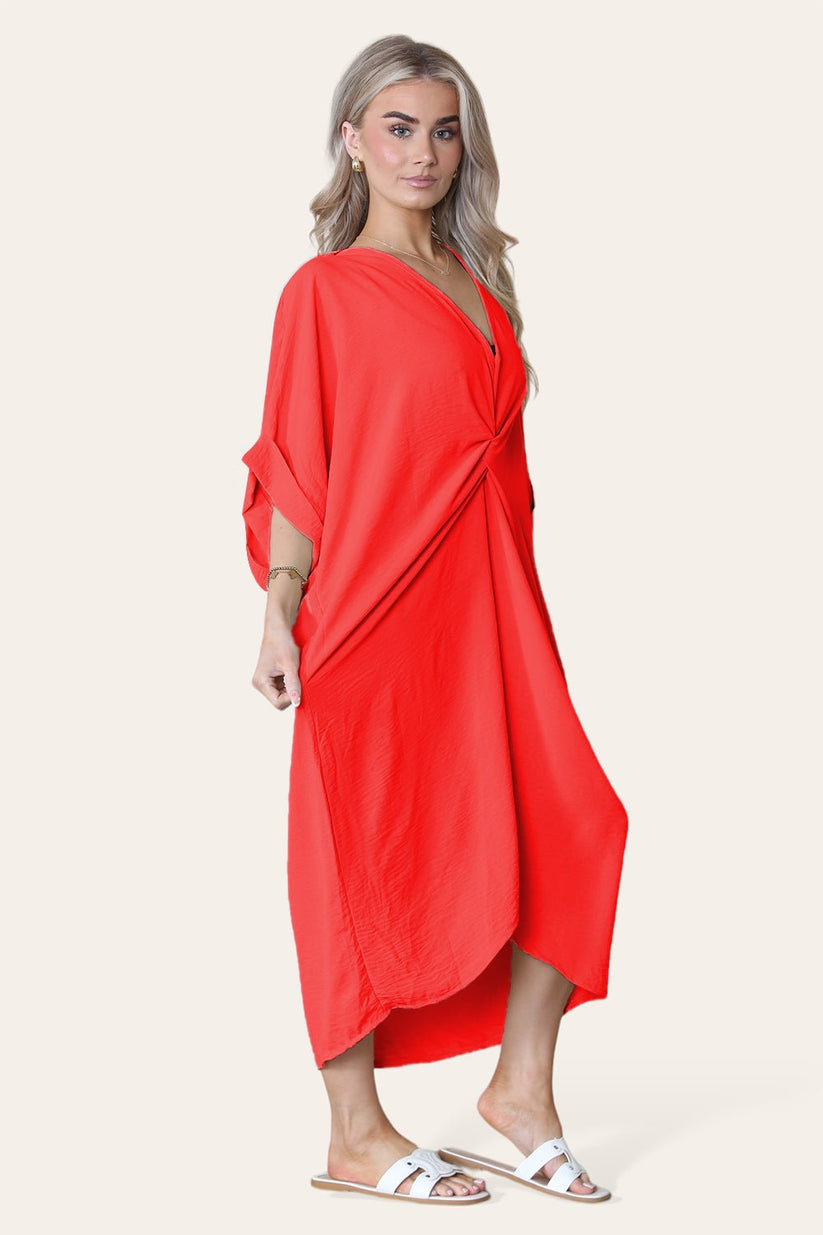 Ladies V-Neck Twisted Front Midi Dress - Oversized Longline
