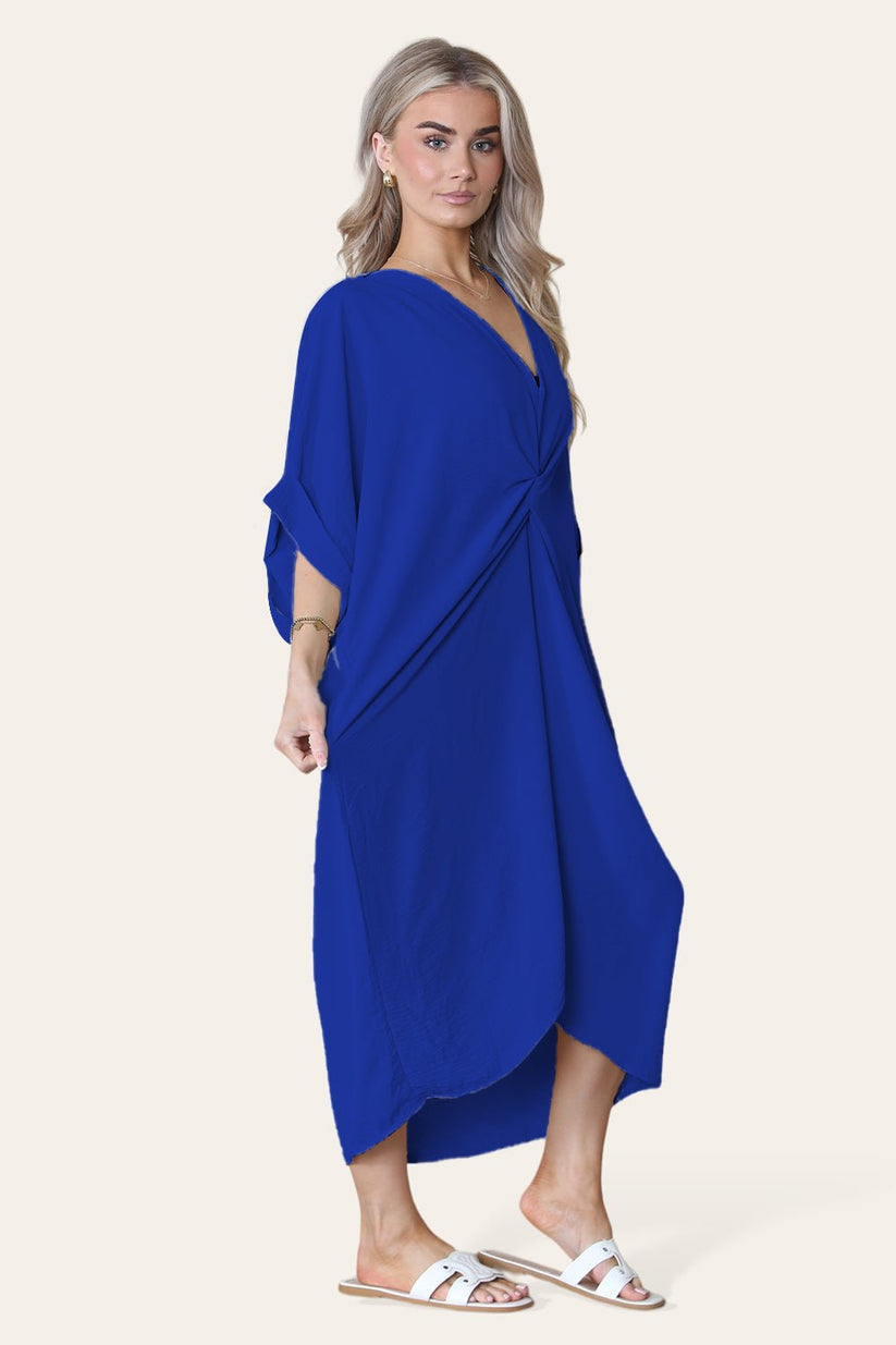 Ladies V-Neck Twisted Front Midi Dress - Oversized Longline