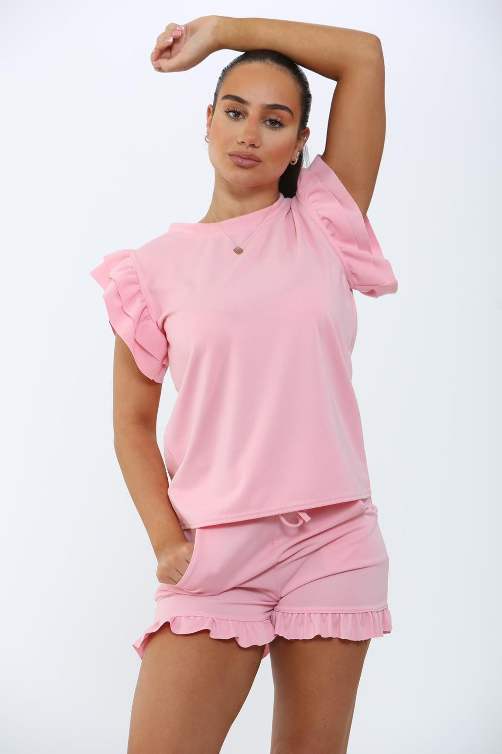 Ladies Frill Peplum Sleeve Top & Short 2-Piece Tracksuit Set